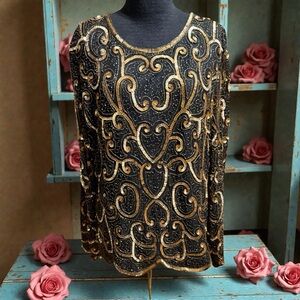 Elegant Black and Gold Sequin Sz XL Women's Top